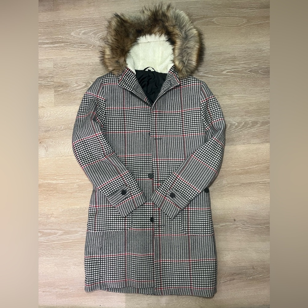 Devils Advocate Wool Plaid Winder Coat with Fur Hood.